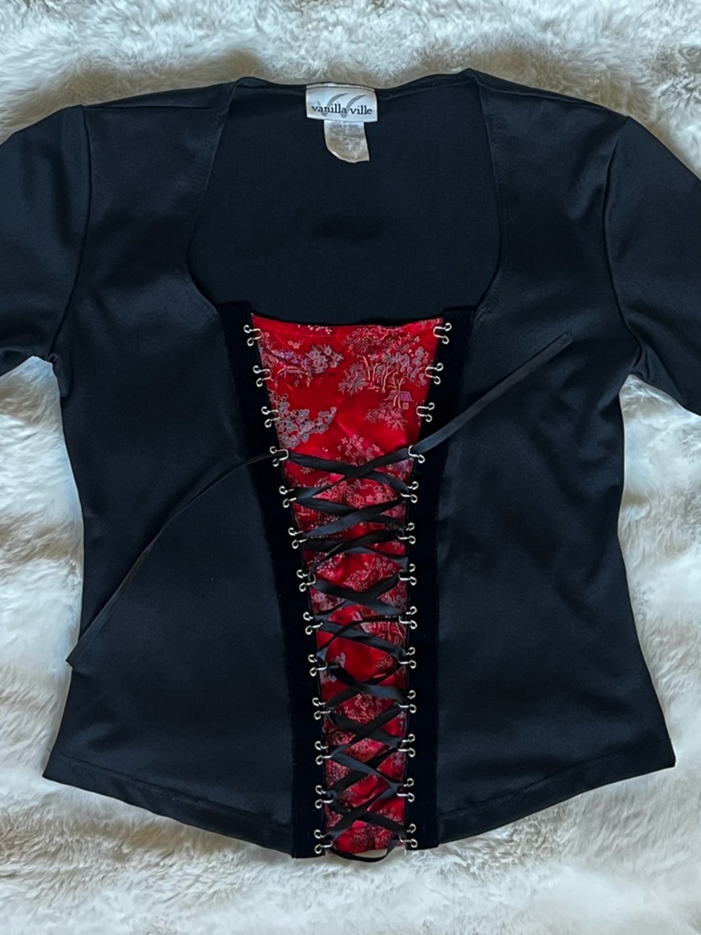 Vintage Vanilla Ville Lace Up Top Black Red Brocade Y2K Ballet Goth Fairy